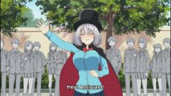 Rule 34 | 1girl, animated, animated gif, bouncing breasts, breasts, cape, hat, large breasts, lowres, outdoors, silver hair, subtitled, tejina senpai, tejina senpai (series), top hat, waving
