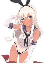 Rule 34 | 1girl, alakoala, black neckerchief, black panties, blue eyes, blue sailor collar, cosplay, crop top, dated, elbow gloves, gloves, hair between eyes, highleg, highleg panties, highres, kantai collection, long hair, looking at viewer, neckerchief, one-piece tan, panties, parted lips, red thighhighs, ro-500 (kancolle), sailor collar, shimakaze (kancolle), shimakaze (kancolle) (cosplay), simple background, sleeveless, solo, striped clothes, striped thighhighs, tan, tanline, thighhighs, underwear, v, white background, white gloves, white hair