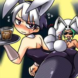 Rule 34 | 2girls, alcohol, alternate costume, animal ears, aqua hair, aruse yuushi, ass, back, bare shoulders, bent over, black hair, blush, breasts, cerebella (skullgirls), cleavage, dark-skinned female, dark skin, detached collar, drink, eyeshadow, fake animal ears, feng (skullgirls), fishnet pantyhose, fishnets, from behind, glass, hairband, hat, large breasts, living clothes, makeup, multicolored hair, multiple girls, pantyhose, playboy bunny, purple eyes, rabbit ears, rabbit tail, short hair, skullgirls, strapless, sunglasses, sweatdrop, tail, thumbs up, tray, two-tone hair, vice-versa (skullgirls), waitress, wavy mouth, white hair