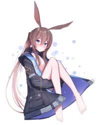 Rule 34 | 1girl, absurdres, amiya (arknights), animal ears, arknights, beudelb, blue collar, blue eyes, blush, chromatic aberration, collar, commentary, female focus, full body, hair between eyes, highres, jacket, knees up, korean commentary, long hair, looking at viewer, naked jacket, open clothes, open jacket, ponytail, rabbit ears, simple background, solo, white background