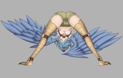 Rule 34 | 1girl, absurdres, ahoge, ass, bird legs, blue hair, blue wings, breasts, commentary, english commentary, feathered wings, feathers, from behind, grey background, harpy, highres, keruburemu, looking at viewer, monster girl, monster musume no iru nichijou, navel, nipples, open mouth, papi (monster musume), scales, shorts, simple background, small breasts, solo, talons, upshirt, winged arms, wings, yellow eyes