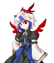 Rule 34 | 1girl, alphes (style), curiosities of lotus asia, female focus, hand on own hip, head wings, hip focus, horns, kinomiki nobori, multicolored hair, parody, red eyes, simple background, solo, standing, style parody, tokiko (touhou), touhou, white background, wings