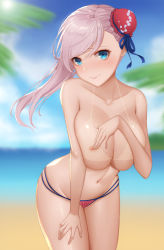Rule 34 | 1girl, areola slip, asymmetrical hair, beach, bikini, bikini bottom only, bikini tan, blue eyes, blue sky, blurry, blurry background, breasts, bun cover, cleavage, cloud, covering privates, covering breasts, covering nipples, cowboy shot, embarrassed, fate/grand order, fate (series), hair bun, highres, large breasts, leaning forward, miyamoto musashi (fate), miyamoto musashi (fate/grand order), miyamoto musashi (swimsuit berserker) (fate), miyamoto musashi (swimsuit berserker) (second ascension) (fate), multi-strapped bikini bottom, navel, ocean, palms, revision, single hair bun, single sidelock, sky, smiley face, solo, standing, swept bangs, swimsuit, tan, tanline, topless, wei xiao