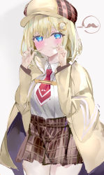 Rule 34 | 1girl, :&lt;, absurdres, blonde hair, blue eyes, blush, breasts, capelet, collared shirt, deerstalker, detective, facial hair, get, hair between eyes, hair ornament, hat, highres, holding, holding own hair, hololive, hololive english, long sleeves, looking at viewer, medium breasts, medium hair, mile (off8mile), mustache, necktie, plaid, plaid skirt, red necktie, shirt, simple background, skirt, solo, speech bubble, virtual youtuber, watson amelia, watson amelia (1st costume), white shirt
