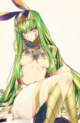 Rule 34 | 1girl, bare shoulders, blush, bracelet, breasts, breasts apart, c.c., closed mouth, code geass, cosplay, creayus, earrings, egyptian, egyptian clothes, facial mark, fate/grand order, fate (series), green hair, hairband, hoop earrings, jewelry, long hair, looking at viewer, medium breasts, nitocris (fate) (cosplay), nitocris (fate), scar, sidelocks, simple background, sitting, solo, underboob, very long hair, yellow eyes