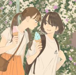 Rule 34 | 2girls, bag, blush, brown eyes, brown hair, flower, food, handbag, holding, holding food, ice cream, ice cream cone, inoue haruka (haruharu210), long hair, looking at another, multiple girls, open mouth, original, outdoors, ponytail, shirt, short hair, short sleeves, shoulder bag, skirt, white shirt, yuri