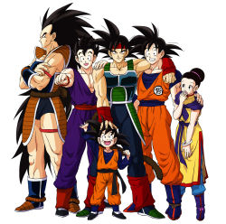 Rule 34 | 1girl, 5boys, :d, alien, armband, armor, bardock, black hair, blue footwear, boots, bream-tan, brothers, chi-chi (dragon ball), child, clenched hand, clothes writing, collarbone, crossed arms, dragon ball, dragonball z, epic, family, father and son, grandfather and grandson, hand on head, hand on shoulder, headband, highres, husband and wife, long hair, looking at viewer, monkey tail, mother and son, multiple boys, muscular, open mouth, raditz, scar, siblings, simple background, smile, son gohan, son goku, son goten, spiked hair, sweatdrop, tail, uncle and nephew, white background, wristband