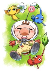 Rule 34 | 1boy, artist name, big nose, blush, brown hair, closed eyes, commentary, commentary request, english commentary, falling, flower, full body, gloves, green background, helmet, highres, leaf, mixed-language commentary, nintendo, olimar, open mouth, pikmin (creature), pikmin (series), radio antenna, red gloves, simple background, space helmet, spacesuit, super smash bros., sweatdrop, teeth, upper teeth only, white background, white flower, yamato koara