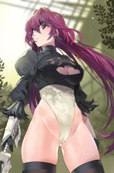 Rule 34 | 1girl, black blindfold, black gloves, black thighhighs, blindfold, breasts, cameltoe, cleavage, cleavage cutout, clothing cutout, commentary request, cosplay, damda, fate/grand order, fate (series), feather-trimmed sleeves, frown, gloves, hairband, holding, holding sword, holding weapon, juliet sleeves, large breasts, leotard, long hair, long sleeves, mole, mole under mouth, navel, nier:automata, nier (series), puffy sleeves, purple hair, red eyes, scathach (fate), skindentation, solo, sword, thighhighs, very long hair, weapon, white leotard, 2b (nier:automata), 2b (nier:automata) (cosplay)