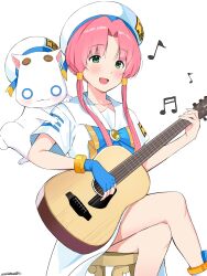 Rule 34 | 1girl, acoustic guitar, andanden, aria (manga), aria company uniform, aria pokoteng, blue bow, blue bowtie, bow, bowtie, cat, collarbone, copyright name, crossed legs, dress, eyelashes, feet out of frame, gold trim, green eyes, guitar, hair tubes, highres, instrument, long dress, looking at viewer, mizunashi akari, music, musical note, open mouth, pink hair, playing instrument, redrawn, short hair with long locks, signature, sitting, solo, white background, white dress