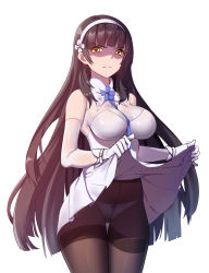 Rule 34 | 10s, 1girl, bare shoulders, between breasts, black hair, black pantyhose, blue neckwear, blunt bangs, bow, bow panties, breasts, brown pantyhose, cang se ye hua, clothes lift, cowboy shot, crotch seam, elbow gloves, flower, frown, girls&#039; frontline, gloves, hair flower, hair ornament, hairband, highres, iya na kao sare nagara opantsu misete moraitai, large breasts, lifted by self, long hair, looking at viewer, miniskirt, panties, panties under pantyhose, pantyhose, pleated skirt, revision, scowl, shaded face, shirt, skirt, skirt lift, skirt set, solo, thighband pantyhose, type 95 (girls&#039; frontline), underwear, very long hair, white flower, white gloves, white hairband, white panties, white shirt, white skirt, yellow eyes