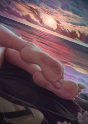 Rule 34 | 1girl, absurdres, artist name, bare legs, barefoot, beach, camille waifu, chain, cloud, cloudy sky, feet, flower, foot focus, foreshortening, gradient background, highres, jewelry, legs, lying, no shoes, ocean, sandals, shoe soles, signature, sky, soles, solo, sunlight, twitter username, water