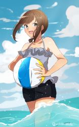 Rule 34 | 1girl, ball, beachball, black eyes, black hair, commentary request, dress, frilled dress, frills, fubuki (kancolle), highres, kantai collection, low ponytail, miku-moko, ponytail, short ponytail, shorts, sidelocks, solo, swimsuit, wading