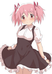 Rule 34 | 1girl, absurdres, hateri, highres, kaname madoka, looking at viewer, mahou shoujo madoka magica, pink eyes, pink hair, short hair, short sleeves, short twintails, simple background, solo, twintails