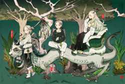 Rule 34 | 1boy, 2girls, :d, black skirt, black wings, blush, chair, crossed arms, dragon, eastern dragon, fantasy, garden, grey hair, hand up, horns, long sleeves, looking at viewer, multiple girls, on animal, open mouth, original, outdoors, over shoulder, pants, sitting, skirt, sleeves past fingers, sleeves past wrists, smile, standing, tree, white footwear, white hair, white pants, wings, zzinp