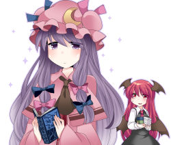 Rule 34 | 2girls, black dress, book, capelet, commentary request, crescent, dress, dress shirt, hammer (sunset beach), hat, head wings, koakuma, long hair, multiple girls, necktie, open book, open mouth, patchouli knowledge, purple eyes, purple hair, reading, red eyes, red hair, shirt, simple background, smile, touhou, translation request, very long hair, white background, wings