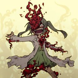 Rule 34 | 1girl, :d, blood, blood on clothes, coat, commentary request, constricted pupils, crazy eyes, dated commentary, dress, fangs, feet out of frame, flesh, frilled dress, frills, green dress, grey hair, lab coat, legs apart, long hair, long sleeves, looking at viewer, lowres, open clothes, open coat, open mouth, original, outstretched arms, rakuni, side ponytail, smile, solo, tentacles, yellow background