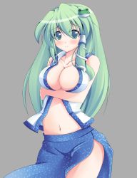 Rule 34 | 1girl, blush, breast hold, breasts, cleavage, collarbone, detached sleeves, female focus, frog, green eyes, green hair, hair ornament, highres, kazami chiu, kochiya sanae, large breasts, long hair, matching hair/eyes, navel, no bra, open clothes, open shirt, shirt, side slit, simple background, skirt, smile, snake, solo, touhou