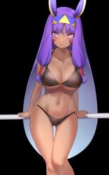 Rule 34 | 1girl, alternate breast size, animal ears, bikini, black background, black bikini, blush, breasts, commentary, dark-skinned female, dark skin, english commentary, facial mark, fate/grand order, fate (series), hair tubes, hairband, highres, large breasts, long hair, looking at viewer, navel, nitocris (fate), o-ring, o-ring bikini, o-ring bottom, o-ring top, parted lips, purple eyes, purple hair, sidelocks, simple background, solo, spider apple, swimsuit, very long hair