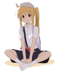 Rule 34 | 1girl, absurdres, backpack, bag, beret, black skirt, blonde hair, bocchi the rock!, butterfly sitting, closed mouth, commentary request, drawdrawdeimos, full body, hat, highres, ijichi nijika, long hair, looking at viewer, no shoes, red eyes, side ponytail, simple background, sitting, skirt, socks, solo, v arms, white background, white hat, white socks