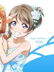 Rule 34 | 2girls, anibache, birthday, blue background, blue eyes, blush, breasts, character name, cleavage, collarbone, commentary, dated, dress, earrings, english text, flower, hair bun, hair flower, hair ornament, happy birthday, jewelry, love live!, love live! sunshine!!, medium breasts, multiple girls, orange hair, out of frame, salute, short hair, sidelocks, single hair bun, smile, strapless, strapless dress, takami chika, two-tone background, upper body, watanabe you, white background