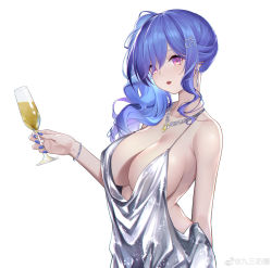 1girl absurdres arm_behind_back azur_lane blue_hair breasts champagne_flute cleavage cup dress drinking_glass earrings hair_ornament hairclip highres jewelry jiusan_naitang large_breasts lips long_hair looking_at_viewer nail_polish necklace parted_lips purple_eyes side_ponytail silver_dress simple_background single_sidelock solo st._louis_(azur_lane) st._louis_(luxurious_wheels)_(azur_lane) weibo_watermark white_background