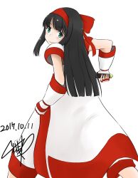 Rule 34 | 1girl, ainu clothes, ass, black hair, clenched hand, dated, fingerless gloves, gloves, green eyes, hair ribbon, highres, legs, long hair, looking back, nakoruru, pants, ribbon, samurai spirits, smile, snk, solo, the king of fighters, thighs, weapon
