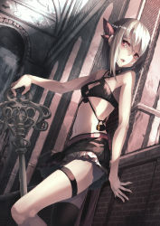 Rule 34 | 1girl, against wall, bad id, bad pixiv id, bare shoulders, black skirt, black thighhighs, breasts, brick wall, choker, cleavage, commentary, dutch angle, frilled skirt, frills, hair between eyes, hair ribbon, halterneck, highres, holding, indoors, kagikko, key, light rays, looking at viewer, medium breasts, midriff, navel, original, pink ribbon, red eyes, ribbon, saraki, silver hair, single thighhigh, skirt, solo, standing, thigh strap, thighhighs, thighs