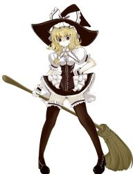 Rule 34 | 1girl, alternate costume, bad id, bad pixiv id, black thighhighs, blonde hair, bow, broom, female focus, frilled thighhighs, frills, hair ribbon, hand on own hip, hat, hip focus, kirisame marisa, lace, large bow, legs, ribbon, shoes, solo, takaharu, thighhighs, touhou, witch, witch hat, wrist cuffs, yellow eyes, zettai ryouiki