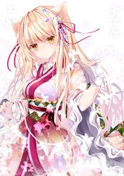Rule 34 | 1girl, animal, animal ear fluff, animal ears, blonde hair, blush, breasts, bug, butterfly, cat ears, closed mouth, commentary request, fingerless gloves, floral print, gloves, hair between eyes, head tilt, highres, insect, japanese clothes, kimono, long hair, long sleeves, looking at viewer, medium breasts, nanase kureha, nanase nao, obi, original, pinching sleeves, print kimono, sash, sleeves past wrists, solo, very long hair, white background, white gloves, white kimono, wide sleeves, yellow eyes