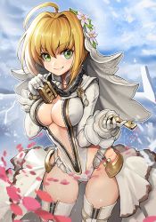 Rule 34 | 10s, 1girl, blonde hair, breasts, center opening, cleavage, fate/extra, fate/extra ccc, fate (series), goomrrat, green eyes, hair intakes, key, large breasts, lock, looking at viewer, navel, nero claudius (bride) (fate), nero claudius (fate), nero claudius (fate) (all), padlock, smile, solo