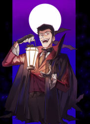 Rule 34 | 1boy, arsene lupin iii, ascot, bat (animal), black ascot, black cape, black pants, brooch, buttons, cape, facial hair, fangs, full moon, gloves, halorane, high collar, highres, holding, holding lantern, jacket, jewelry, lantern, long sideburns, long sleeves, lupin iii, male focus, monocle, moon, open mouth, pants, red eyes, red jacket, shirt, short hair, sideburns, sideburns stubble, solo, stubble, teeth, vampire costume, white gloves, white shirt