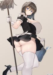 Rule 34 | 1girl, absurdres, ass, aymusk, black dress, black footwear, black hair, blue eyes, breasts, brown background, bucket, commentary request, dress, from behind, gloves, high heels, highres, holding, holding bucket, holding mop, large breasts, long hair, maid, maid headdress, mop, no panties, original, simple background, skindentation, solo, standing, thighhighs, white gloves, white thighhighs