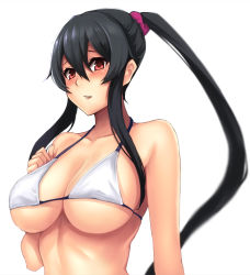 Rule 34 | 10s, 1girl, absurdres, bikini, black hair, blush, breasts, cleavage, hair ornament, hair scrunchie, highres, kantai collection, large breasts, long hair, looking at viewer, parted lips, red eyes, scrunchie, simple background, solo, swimsuit, twintails, underboob, upper body, white background, white bikini, yahagi (kancolle), yashichii