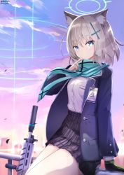 Rule 34 | 1girl, animal ear fluff, animal ears, assault rifle, black gloves, black skirt, blazer, blue archive, blue eyes, blue jacket, blue scarf, breasts, cat ears, cloud, commentary, gloves, grey hair, gun, hair ornament, halo, hand up, highres, jacket, long sleeves, looking at viewer, nekoya (liu), open clothes, open jacket, outdoors, pleated skirt, revision, rifle, scarf, school uniform, shiroko (blue archive), shirt, sig sauer 556, signature, single glove, skirt, sky, small breasts, solo, sunset, twitter username, weapon, white shirt