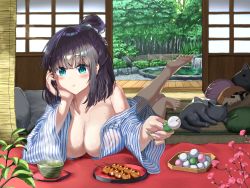Rule 34 | 1girl, :t, animal ears, arm support, bamboo, bamboo forest, blush, breasts, brown hair, cat ears, cleavage, dango, food, food request, forest, green eyes, hair bun, highres, japanese clothes, kimono, large breasts, lying, nature, noeru, off shoulder, on stomach, original, rock garden, sanshoku dango, see-through, single hair bun, tatami, the pose, wagashi, wet, wet clothes, wide sleeves, yukata