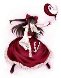 Rule 34 | 1girl, ascot, bow, brown hair, cheungchz, detached sleeves, female focus, full body, gohei, gradient background, hair bow, hair tubes, hakurei reimu, highres, japanese clothes, long hair, miko, ofuda, red eyes, solo, touhou, white background