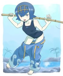 Rule 34 | 1girl, bare arms, barefoot, blue eyes, blue hair, blue pants, blush, border, breasts, bright pupils, clothes pull, collarbone, creatures (company), fishing rod, game freak, hairband, highres, holding, holding fishing rod, lana (pokemon), looking at viewer, nintendo, nutkingcall, one-piece swimsuit, open mouth, outside border, palm tree, pants, pants pull, pokemon, pokemon sm, short hair, smile, solo, swimsuit, teeth, toes, tongue, tree, trial captain, water, white border, white pupils, yellow hairband
