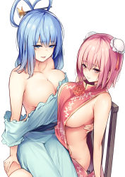 Rule 34 | 2girls, adapted costume, bare arms, bare shoulders, blue dress, blue eyes, blue hair, blue sash, blush, borushichi, breasts, bun cover, chair, cleavage, collarbone, commentary request, double bun, dress, feet out of frame, flower, hair between eyes, hair bun, hair ornament, hair ribbon, hair rings, hair stick, highres, ibaraki kasen, kaku seiga, large breasts, long hair, looking at viewer, multiple girls, naked tabard, off-shoulder dress, off shoulder, parted lips, pink eyes, pink hair, red flower, red ribbon, red rose, ribbon, rose, sash, short hair, sideboob, simple background, sitting, sitting on lap, sitting on person, smile, tabard, touhou, white background