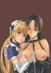 Rule 34 | 1boy, 1girl, bdsm, black hair, blonde hair, bondage, bound, bound together, breastless clothes, breasts, bridal gauntlets, brown eyes, choker, collar, cuffs, elbow gloves, gloves, hakaba (dairiseki), handcuffs, hetero, highres, holding hands, large breasts, linked collar, long hair, maid, maid headdress, nipples, non-web source, original, ponytail, puffy chest, puffy nipples, trap, upper body, zipper