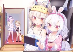 Rule 34 | 4girls, :d, ^ ^, animal ears, ayanami (azur lane), ayanami (off-duty battle station gear) (azur lane), azur lane, bendy straw, black camisole, black footwear, black ribbon, black shorts, blush, breasts, brown eyes, brown hair, camisole, character name, cleavage, closed eyes, closed mouth, clothes writing, collarbone, collared shirt, commentary request, cup, disposable cup, double bun, dress shirt, drinking straw, fake animal ears, hair between eyes, hair bun, hair ornament, hair ribbon, hair scrunchie, hairband, hand up, headgear, high ponytail, holding, holding cup, indoors, javelin (azur lane), javelin (operation: pillow fight!) (azur lane), kokone (coconeeeco), laffey (azur lane), laffey (sleep to clean another day) (azur lane), long hair, mask, mask on head, medium breasts, multiple girls, nintendo switch, off shoulder, official alternate costume, one side up, open door, open mouth, pajamas, pink pajamas, pink shirt, playing games, polka dot, polka dot pajamas, polka dot shirt, ponytail, product placement, purple hair, rabbit ears, red eyes, red hairband, red scrunchie, ribbon, scrunchie, shirt, short shorts, shorts, sleep mask, slippers, smile, standing, striped clothes, striped thighhighs, thighhighs, very long hair, white camisole, white footwear, white hair, white shirt, white shorts, z23 (azur lane), z23 (keeper of the comf-fort) (azur lane)