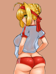 Rule 34 | 1girl, absurdres, ass, blonde hair, butt crack, fate/extra, fate/grand order, fate (series), from behind, green eyes, highres, long hair, nero claudius (fate), nero claudius (fate/extra), shorts, smile, solo, steamingtofu