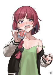 Rule 34 | 1girl, absurdres, alcohol carton, animal ears, black nails, blush, bocchi the rock!, breasts, breasts apart, dress, gisuta sunshine, green dress, highres, hiroi kikuri, holding carton, jacket, long sleeves, looking at viewer, nose blush, open clothes, open jacket, open mouth, purple eyes, raised eyebrow, red hair, sharp teeth, signature, simple background, small breasts, solo, strap slip, sweatdrop, teeth, upper body, upper teeth only, white background