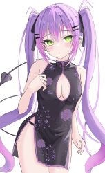Rule 34 | 1girl, absurdres, black ribbon, blush, breasts, cleavage, cleavage cutout, clothing cutout, commentary request, demon tail, dress, ear piercing, floral print dress, green eyes, hair ornament, hair ribbon, hairpin, highres, hololive, long hair, looking at viewer, medium breasts, multicolored hair, piercing, pink hair, purple hair, revision, ribbon, sleeveless, sleeveless dress, streaked hair, tail, tamamorh, tokoyami towa, twintails, virtual youtuber