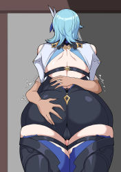 Rule 34 | 1boy, 1girl, aqua hair, ass, ass grab, bare shoulders, cameltoe, deep skin, eula (genshin impact), from behind, genshin impact, hella p, highres, hug, huge ass, leotard, long hair, penis, shiny clothes, thick thighs, thighhighs, thighs