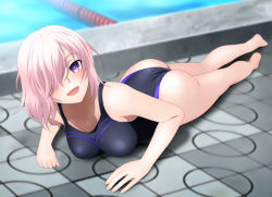 Rule 34 | 1girl, ass, bare arms, bare legs, bare shoulders, barefoot, blush, breasts, fate/grand order, fate (series), feet, floor, full body, hair over one eye, happy, large breasts, legs, looking at viewer, lying, on stomach, open mouth, outdoors, pink hair, pool, purple eyes, shielder (fate/grand order), shiny skin, short hair, smile, solo, sweat, swimsuit, thighs, water, yadokari genpachirou