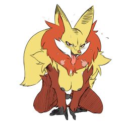 Rule 34 | 1girl, :d, breasts, breath, colorized, creatures (company), delphox, fangs, fox, furry, furry female, game freak, gen 6 pokemon, highres, kneeling, looking at viewer, naughty face, nintendo, nipples, open mouth, plague of gripes, pokemon, pokemon (creature), sexually suggestive, smile, solo, sweat, third-party edit, tongue, tongue out, white background