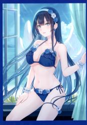 Rule 34 | 1girl, absurdres, bare shoulders, bikini, black hair, blue bikini, blue eyes, breasts, cleavage, cloud, cloudy sky, collarbone, day, earrings, hand on own thigh, highres, indoors, jewelry, long hair, looking at viewer, medium breasts, navel, ocean, original, parted lips, scan, simple background, sky, smile, solo, swimsuit, thigh strap, thighs, water, window, wings, wristband, yashiro seika