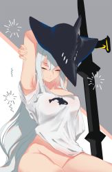 Rule 34 | 1girl, arknights, arms up, black hat, bottomless, breasts, closed eyes, closed mouth, collarbone, commentary request, eyebrows hidden by hair, female focus, fingernails, grey hair, groin, hair between eyes, hat, highres, inniyik, large breasts, long hair, navel, off shoulder, shirt, short sleeves, sidelocks, sitting, skadi (arknights), solo, stretching, sword, very long hair, waking up, weapon, white shirt