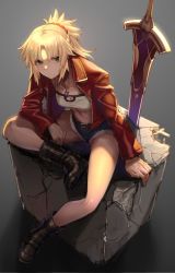 Rule 34 | 1girl, belt, blonde hair, boots, clarent (fate), denim, denim shorts, fate/apocrypha, fate (series), green eyes, jacket, leather, leather jacket, midriff, mordred (fate), mordred (fate/apocrypha), mordred (memories at trifas) (fate), navel, planted, planted sword, planted weapon, ponytail, shorts, sitting, sword, tef, weapon